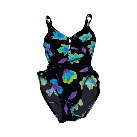 La Bianca Other - La Bianca Vintage 90s Floral Ribbed One Piece Swimsuit Black Teal Purple‎ Size 6